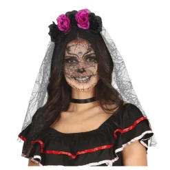 Diadema Flores Lila y Negras con Velo