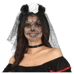 Diadema Flores Negras y Blancas con Velo