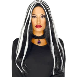 Peluca de Bruja negra con mechas blancas Halloween