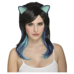 Peluca de Gatita Negra con Orejas y Mechas Azules