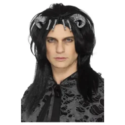 Peluca Demoníaca Negra con cuernos y huesos