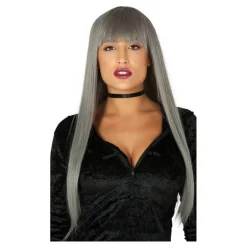 Peluca Larga Gris con Flequillo